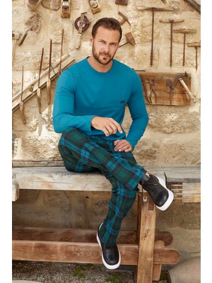 Erkek Aydoğan Jakarlı Uzun Kol Pijama Takımı 3385 Petrol