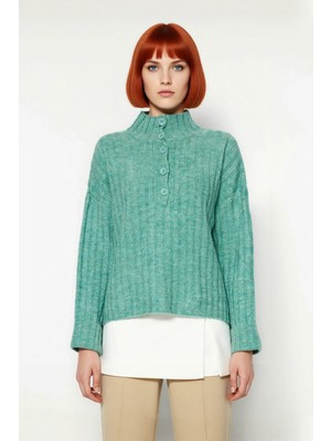 Ersefa Kadın Dik Yaka Oversize Kalıp Düz Renk Düşük Kol Triko Kazak Soğuk Havalarda Konforlu ve Modern