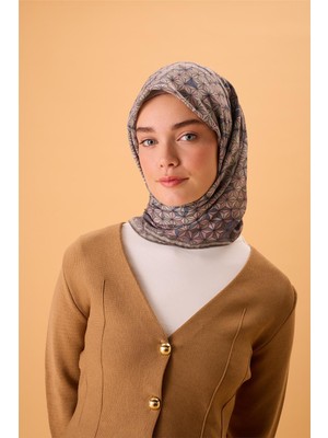 Silk Home İnce Pamuk Soft Eşarp Vizon-Pembe Geometrik Desenli Tok Duruşlu 90x90