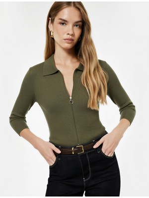 Koton Fermuarlı Slim Fit Gömlek Yaka Kaşkorse Uzun Kollu Tişört