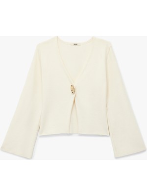 Koton V Yaka Uzun Kollu Metal Aksesuar Detaylı Triko Hırka