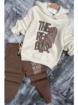 Riccotarz Erkek Çocuk Önü Yazı ve Dino Baskılı Kapşonlu Sweatshirt 3 Iplik Kahverengi Eşofman Takım