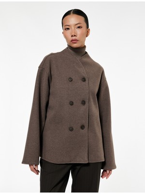 Koton Uzun Kollu Dik Yaka Düğmeli Kruvaze Kaşe Ceket