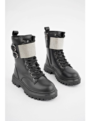 Lady Classy Kadın Taş Detaylı Tokalı Fermuarlı Kaymaz Taban Postal Bot