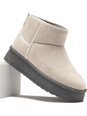 Lady Classy Kadın Bej - Siyah Süet Bot Içi Kürklü Bilekte Kısa Topuklu Taban Kışlık Bot