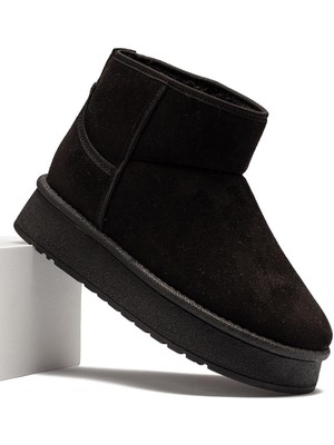 Lady Classy Kadın Siyah Süet Bot Içi Kürklü Bilekte Kısa Topuklu Taban Kışlık Bot