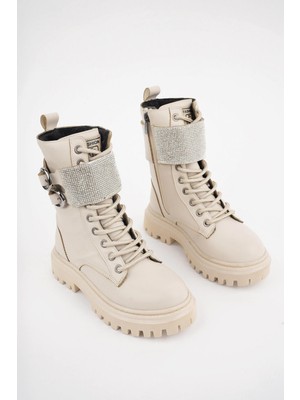 Lady Classy Kadın Taş Detaylı Tokalı Fermuarlı Kaymaz Taban Postal Bot