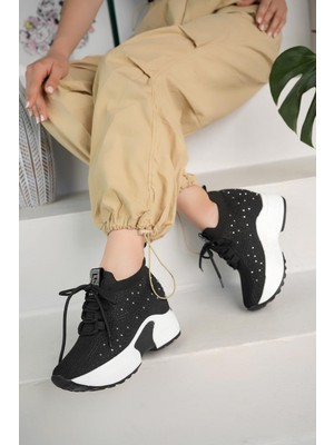 Lady Classy Kadın Gizli Topuk Taşlı Rahat Kalıp Bağcıklı Triko Spor Ayakkabı