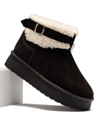 Lady Classy Kadın Siyah Süet Bot Içi Kürklü Kemerli Bilekte Kısa Topuklu Taban Kışlık Bot