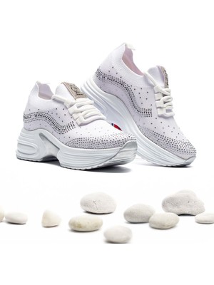 Lady Classy Kadın Gizli Topuk Taşlı Rahat Kalıp Bağcıklı Triko Spor Ayakkabı