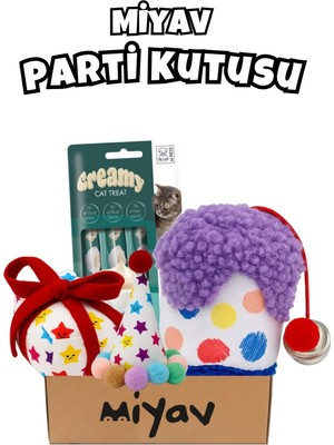 Miyav Kedi Parti Kutusu 4’lü Set | Parti Şapkası, Peluş Pasta, Peluş Hediye Kutusu ve Ödül Maması
