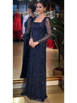 Abiyeniall Lacivert Kare Yaka Uzun Kollu Kloş Etekli  Pullu Boncuklu Uzun Abiye Elbise 11047-04