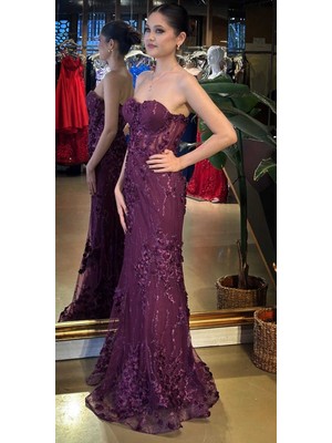 Abiyeniall Vişne Straplez Yaka Bel Dekolteli Düz Kesim Brode Tül Uzun Abiye Elbise 11061