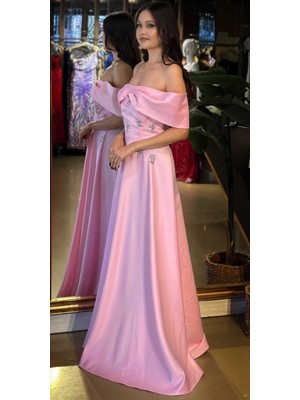 Abiyeniall Pembe Madonna Yaka Taş Detaylı Kloş Etekli  Saten Uzun Abiye Elbise 11063-06