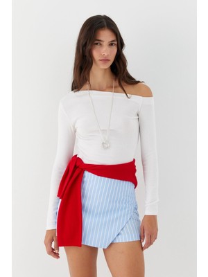 Çizgili Mini Şort Etek Açık Mavi