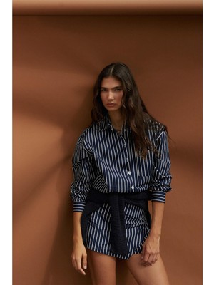 Çizgili Mini Şort Etek Lacivert