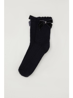 Katamino Kız Çocuk File Soket Çorap Bilek Kısmı Fiyonk Aksesuarlı Taşlı 9-12 Yaş, Lacivert