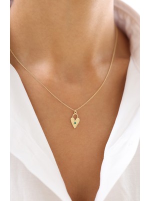Zeyd Jewelry Yeşil Taşlı Kalp Kilit 14 Ayar Altın Kolye