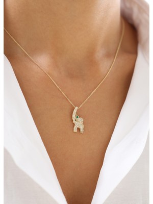 Zeyd Jewelry Işıltılı Yeşil Taşlı Işlemeli Fil 14 Ayar Altın Kolye