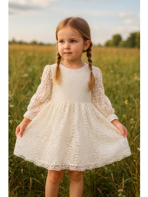 2kids2mom Kız Çocuk Elbise Uzun Kollu Fiyonklu Dantel Detaylı Sırt Baglamalı Bayramlık ve Özel Gün Elbisesi