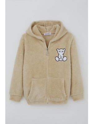Mensis Kız Çocuk Peluş Mont Ayıcık Nakışlı Kapüşonlu Cepli 8-12 Yaş, Bej