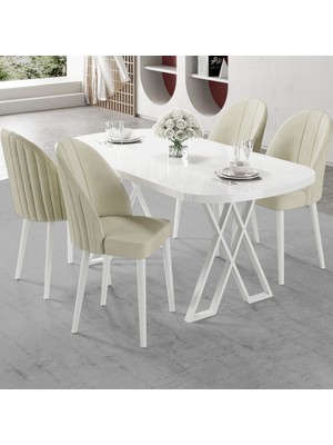 Canisa Kaye Serisi MDF 90X168 Beyaz Mutfak Masası Takımı 4 Krem Sandalye