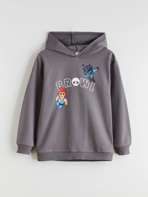 LC Waikiki Lcw Kids Gri Kapüşonlu Brawl Stars Baskılı Erkek Çocuk Sweatshirt