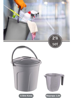 Flora 2’li Temizlik Kova Seti, Kapaklı Kulplu Plastik Su Kovası 5 Litre + Maşrapa 1,5 Litre 2’li Set Gri