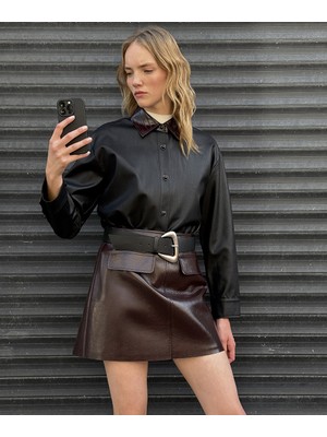 İpekyol Kontrast Yaka Deri Görünümlü Gömlek IW6250025145001