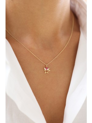 Zeyd Jewelry Pembe ve Beyaz Taşlı Yıldız 14 Ayar Altın Kolye