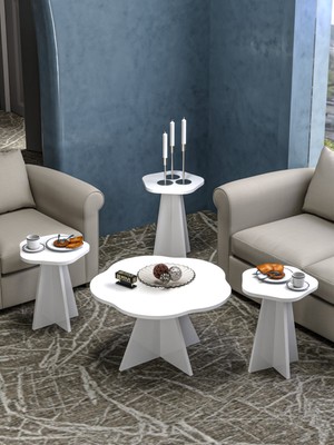 Gold Falez Orta Sehpa ve Zigon Sehpa 4 Lü Set Dekoratif Yuvarlak Sehpa Yan Sehpa Masa Çiçek Formlu Beyaz