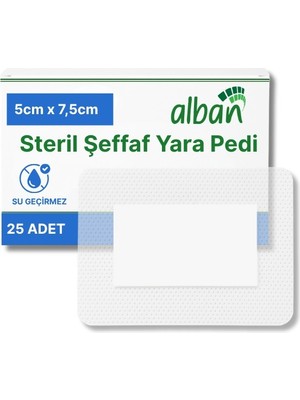 Alban Steril Şeffaf Yara Pedi, Poliüretan 5cmx7,5cm Pansuman Yara Örtüsü, Steril Tekli Paketlerde 25li Kutuda