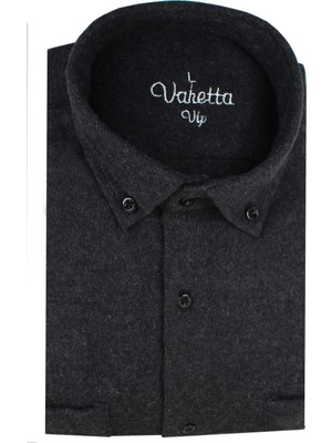 Varetta Erkek Siyah Oduncu Gömlek - Çift Cepli Kalın Kışlık Flanel Düz Geniş Kesim Model