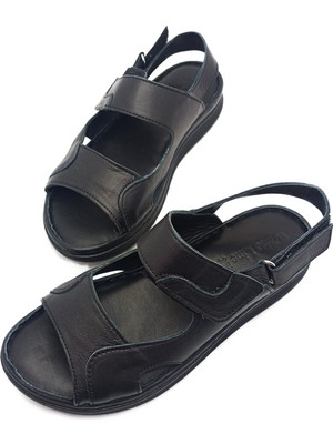 Gdt Ayakkabı Hakiki Deri Siyah Renk Bantlı Düz Taban Kadın Sandalet