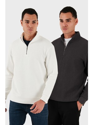 Buratti Pamuklu Regular Fit Yarım Fermuarlı Dik Yaka 2'li Paket Sweat Erkek Sweat 5905716S2