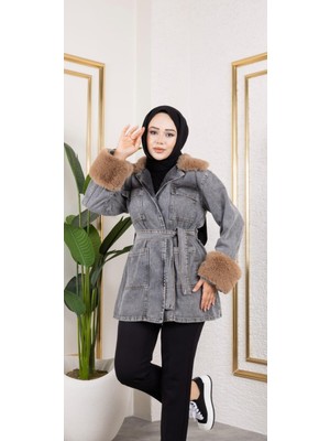Harma Time Butik Kadın Kemerli Cepli Kürk Detaylı Kot Siyah Ceket
