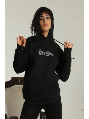 Oversize Üç Iplik Kapüşonlu Sweatshirt – Siyah “other Lives” Ön ve Arka Baskılı, Şardonlu Kışlık, Rahat Günlük Model Siiyah