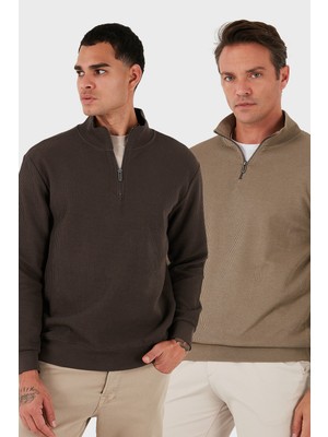 Buratti Pamuklu Regular Fit Yarım Fermuarlı Dik Yaka 2'li Paket Sweat Erkek Sweat 5905716S2