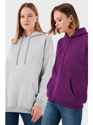 Lela Regular Fit Pamuklu Kapüşonlu Yaka Şardonlu Kışlık 2'li Paket Sweat Bayan Sweat 5863854S2