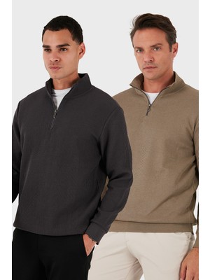 Buratti Pamuklu Regular Fit Yarım Fermuarlı Dik Yaka 2'li Paket Sweat Erkek Sweat 5905716S2