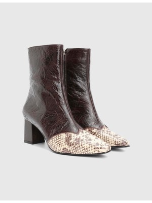 İLVİ Fliy Hakiki Yılan Baskılı Deri Kahverengi Kadın Topuklu Bot