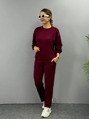 Kadın Uzun Kollu Bisiklet Yaka Viskon Iki Iplik Bluz ve Pantolon Ikili Takım