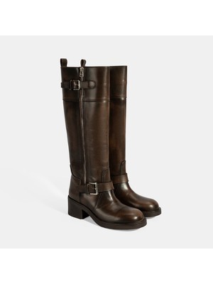 Desa Kadın Kahve Metal Toka Detaylı Deri Çizme