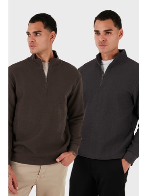 Buratti Pamuklu Regular Fit Yarım Fermuarlı Dik Yaka 2'li Paket Sweat Erkek Sweat 5905716S2