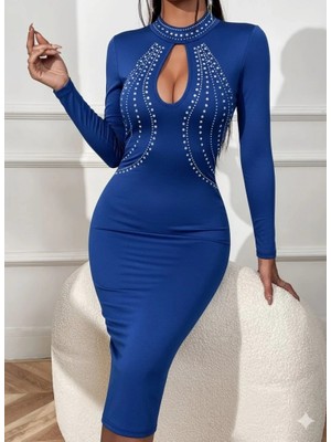 Kadın Uzun Kollu Balıkçı Yaka Taşlı Damla Detay Midi Ithal Krep Elbise