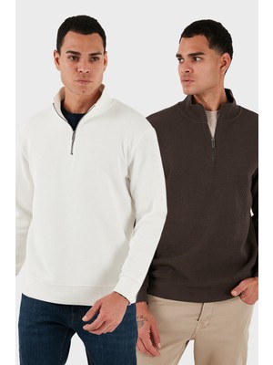 Buratti Pamuklu Regular Fit Yarım Fermuarlı Dik Yaka 2'li Paket Sweat Erkek Sweat 5905716S2