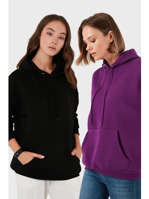 Lela Regular Fit Pamuklu Kapüşonlu Yaka Şardonlu Kışlık 2'li Paket Sweat Bayan Sweat 5863854S2