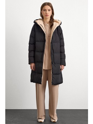 Olcay Kapüşonlu Iki Renkli Çift Taraflı Şişme Mont Siyah-Taş 5371