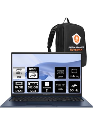 Asus Vivobook 15 Core 5 120U Notebook 16GB RAM 512GB SSD 15.6" FHD Win11 Home + Per4 Çanta X1504VANJ3665P337