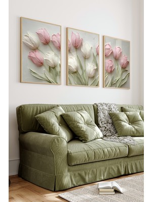 KutuTR 🌷 3'lü Çerçeveli Lale Desenli Mdf Tablo Seti – Ahşap Çerçeveli, Uv Baskılı, Silinebilir 🌷 CRV1025 23 x 32